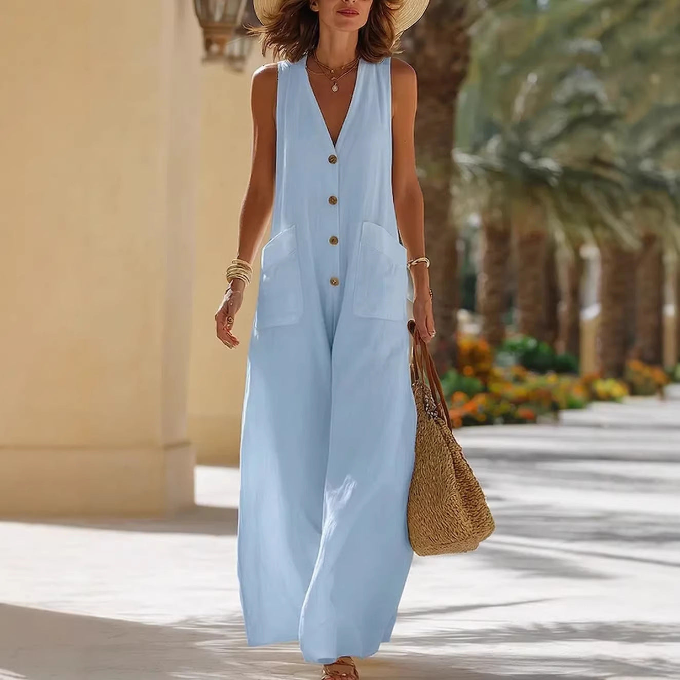 Women's Sleeveless Wide-Leg Jumpsuit – Button Pockets