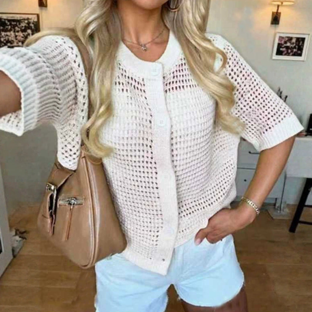 Women's Hollow-Out Knit Cardigan – Open Front, Short Sleeve, Solid Color