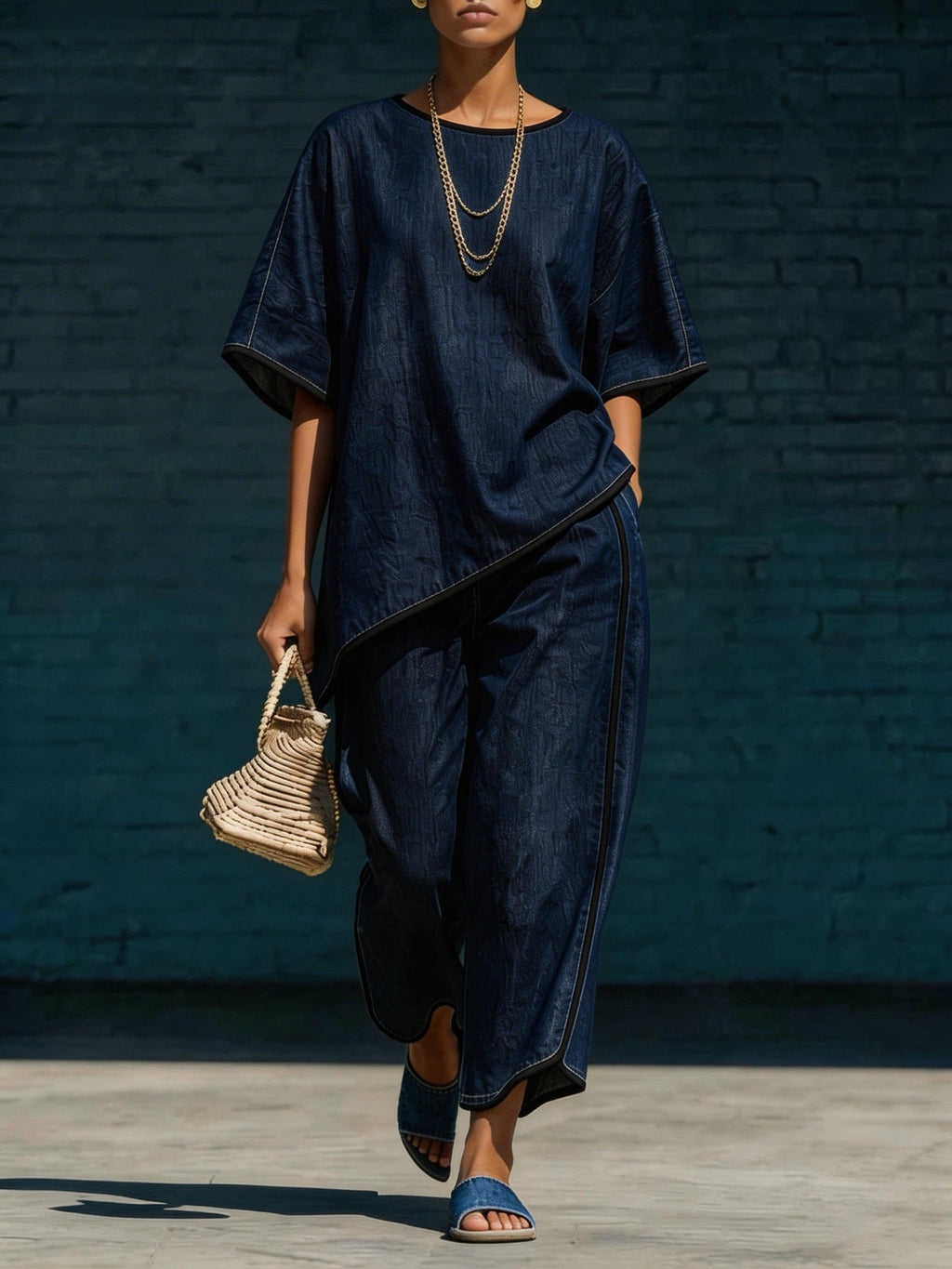 Women's Denim-Style Knit Top & Wide-Leg Pants Set – Casual 2-Piece