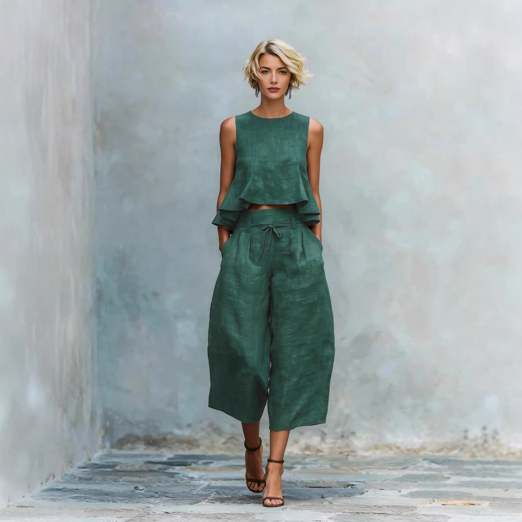 Women's Linen-Blend Sleeveless Two Piece Set with Ruffled Detailing