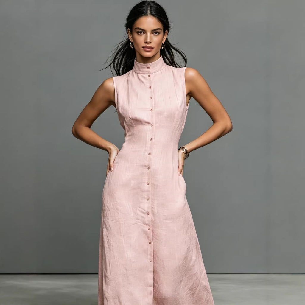 Women's Stand-Collar Single-Breasted Sleeveless Midi Dress