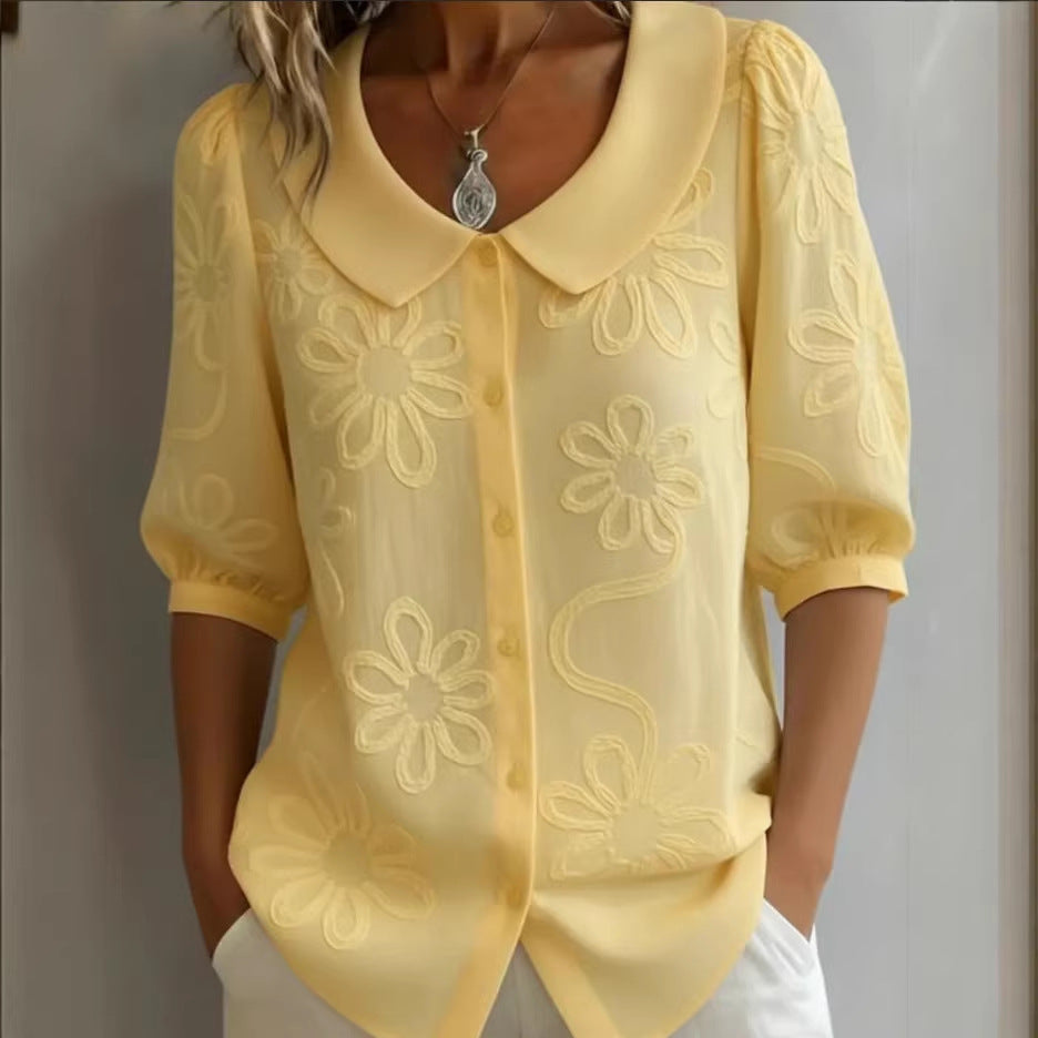 Women's Loose-Fit Retro 3D Embroidered Floral Shirt – Buttoned Casual Top