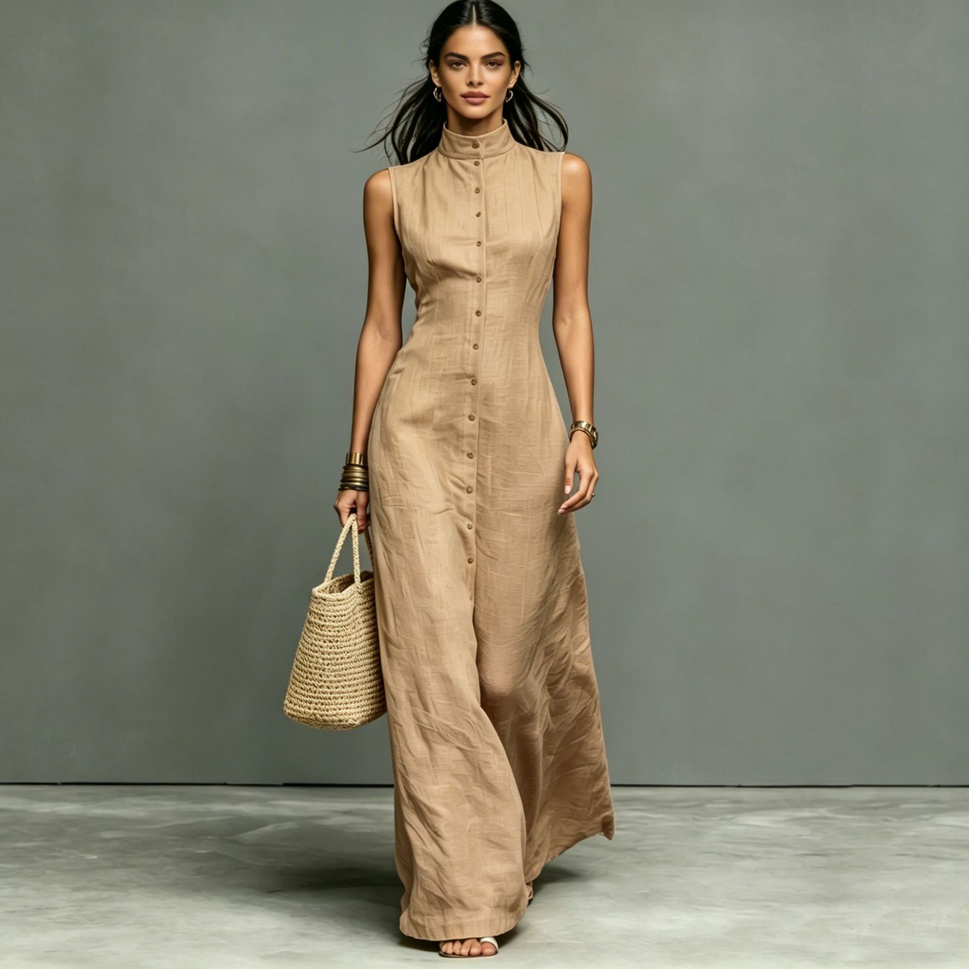 Women's Stand-Collar Single-Breasted Sleeveless Midi Dress