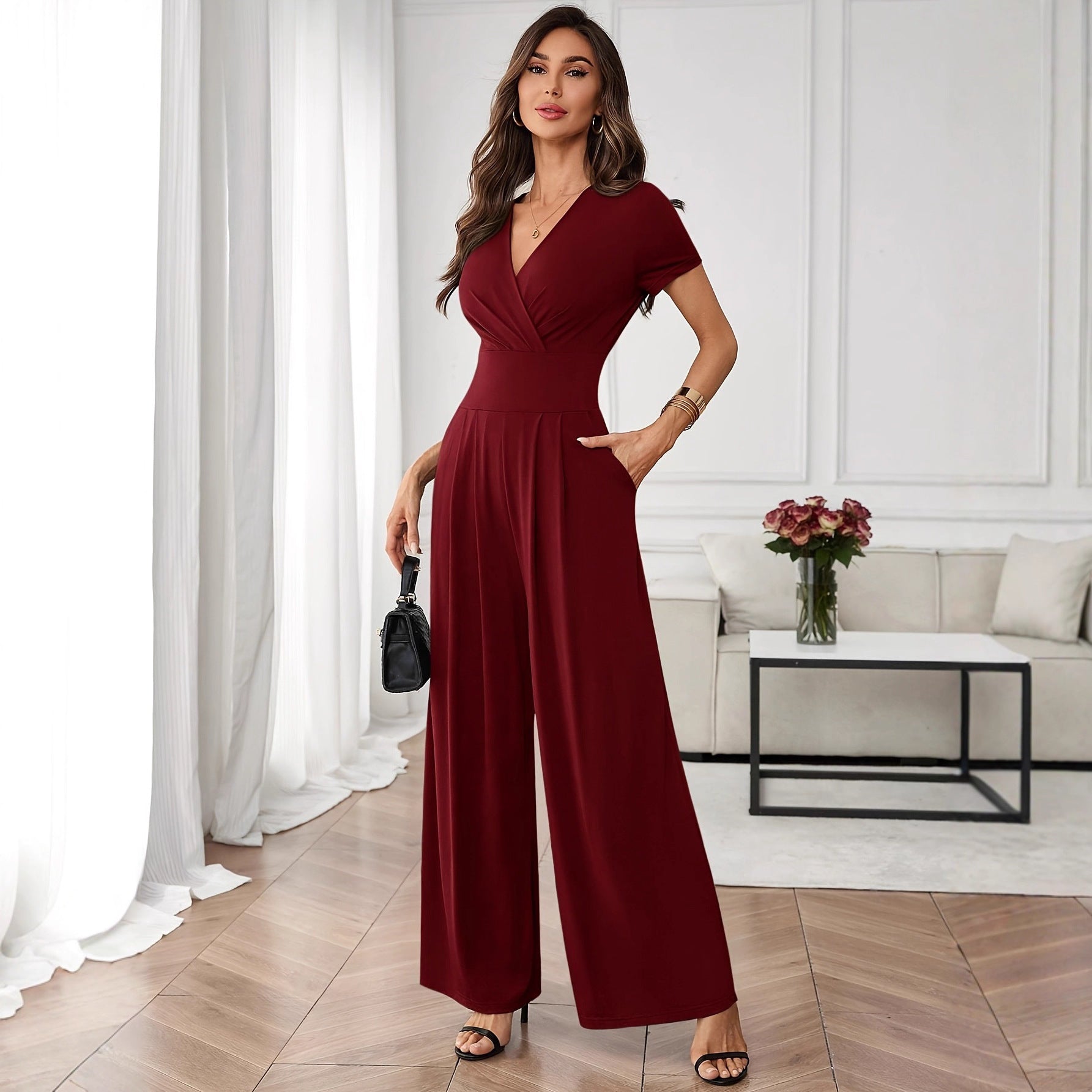Three-Quarter Sleeve Pleated Wide-Leg Jumpsuit | 2 Colors S–XL