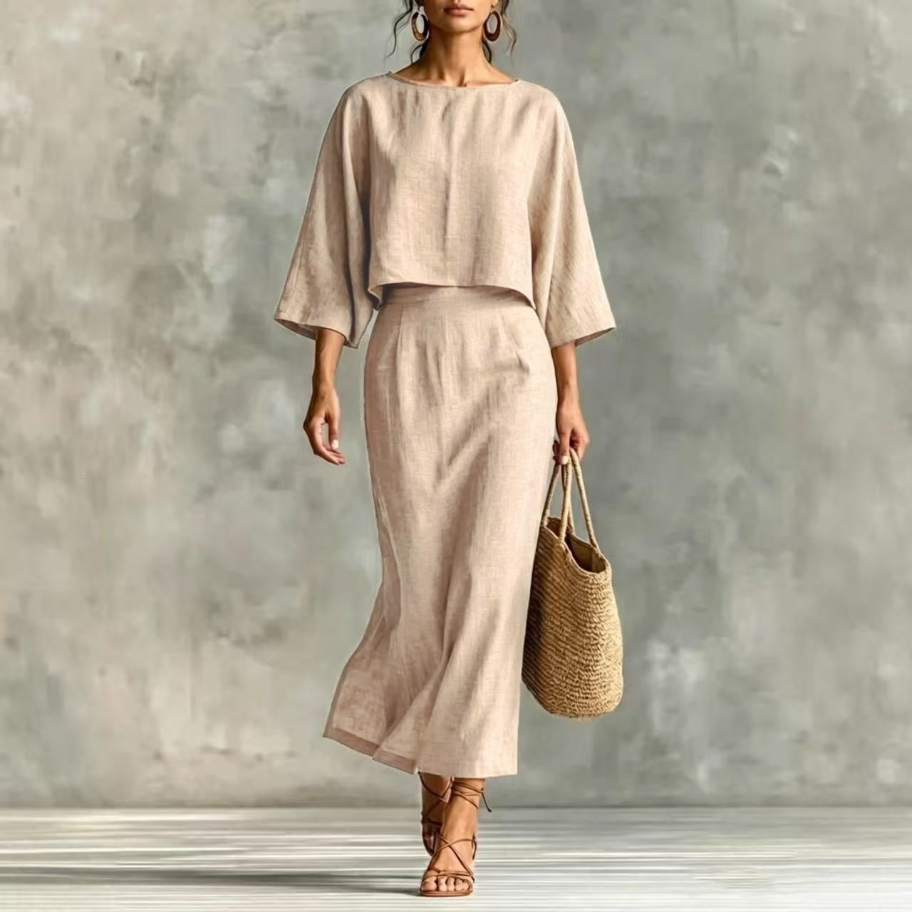 High Waist Long Skirt & 3/4 Sleeve Loose Top Set