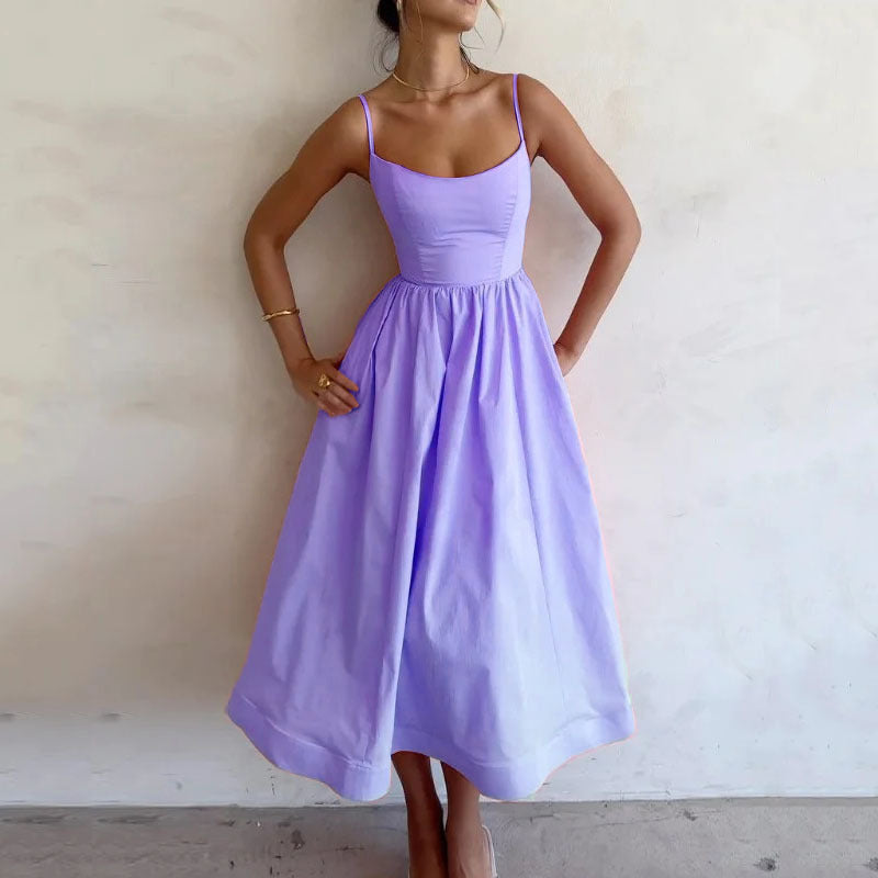 🌸 Women's Solid Color Printing Fresh Sweet Suspender Dress