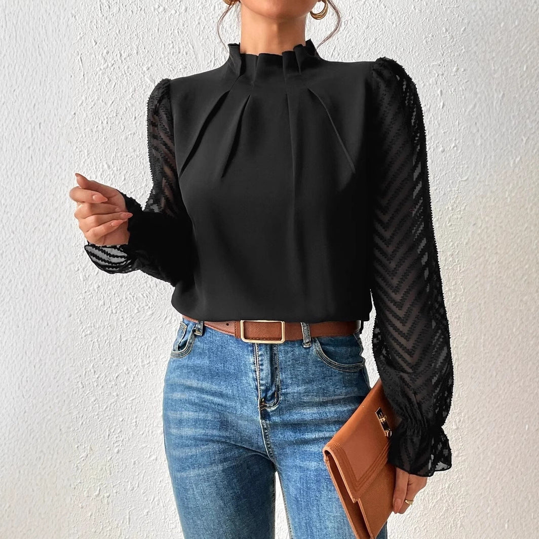 Women's Mock Neck Chiffon Blouse – Wave Pattern Sheer Long Sleeve with Ruffle Cuffs