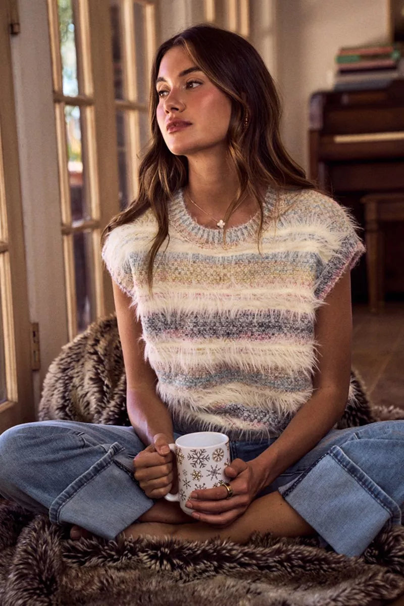 SO ME Soft Fuzzy Multi-Color Stripe Cozy Sweater Top