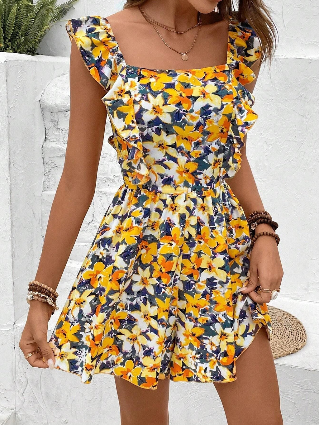 Women's Sleeveless Square Neck Printed Boho Jumpsuit