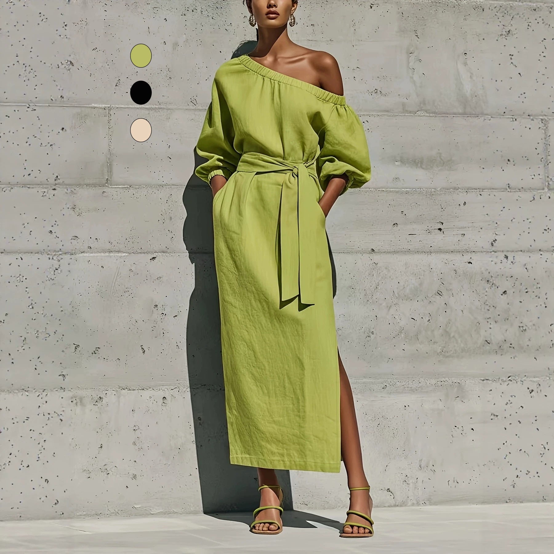Women's Asymmetric Neck Linen Maxi Dress – Belted with Side Slit & Pockets