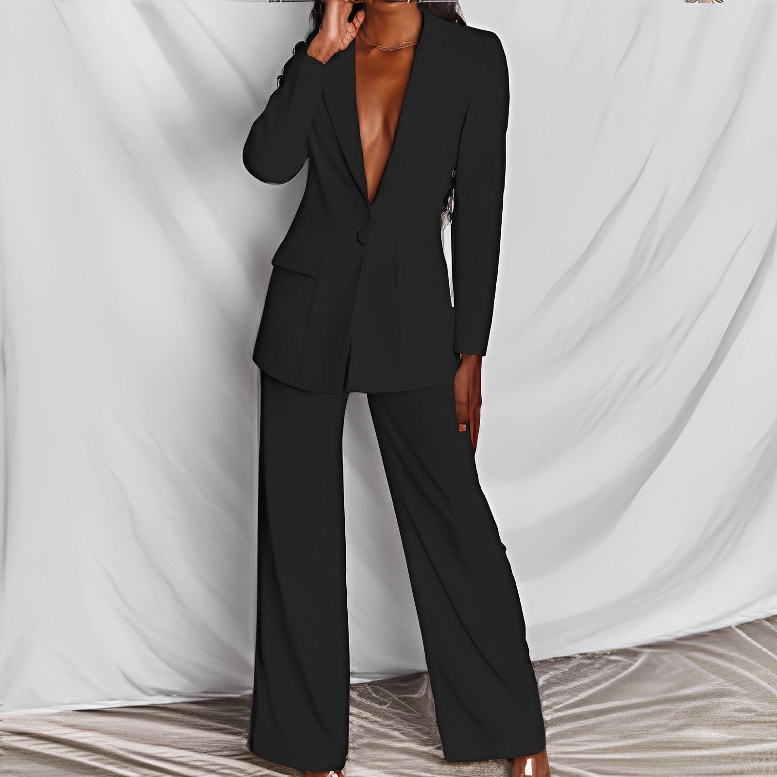 Lapel Button-Down Blazer & Straight-Leg Trousers Suit