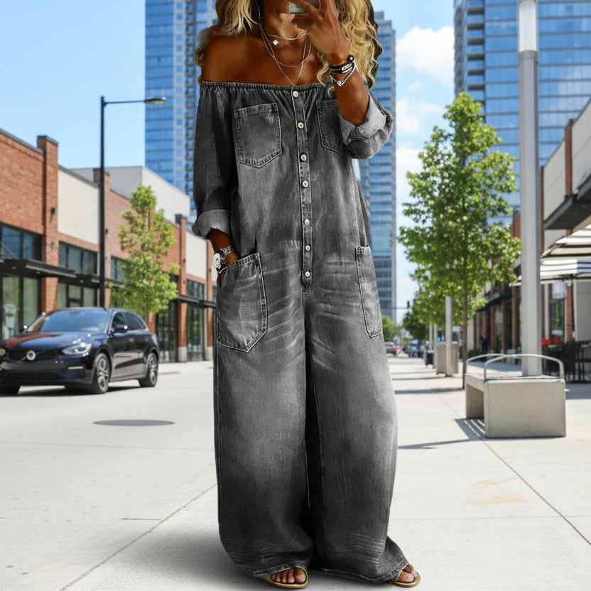 Women's Off-Shoulder Washed Faux Denim Strap Overalls Jumpsuit
