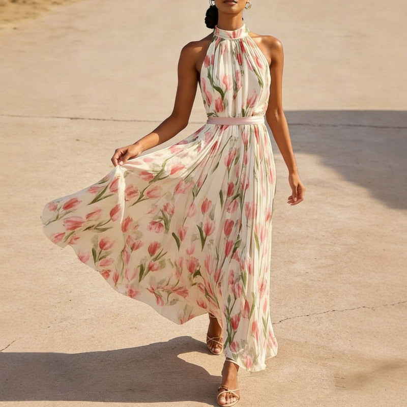 Women's Halterneck High-Waist Swing Dress – Floral & Solid Prints