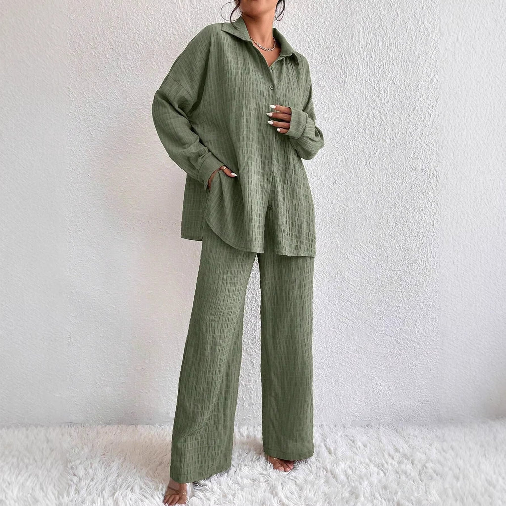 Women's Pleated Long Sleeve Lapel Two-Piece Set – Loose Top & Pants