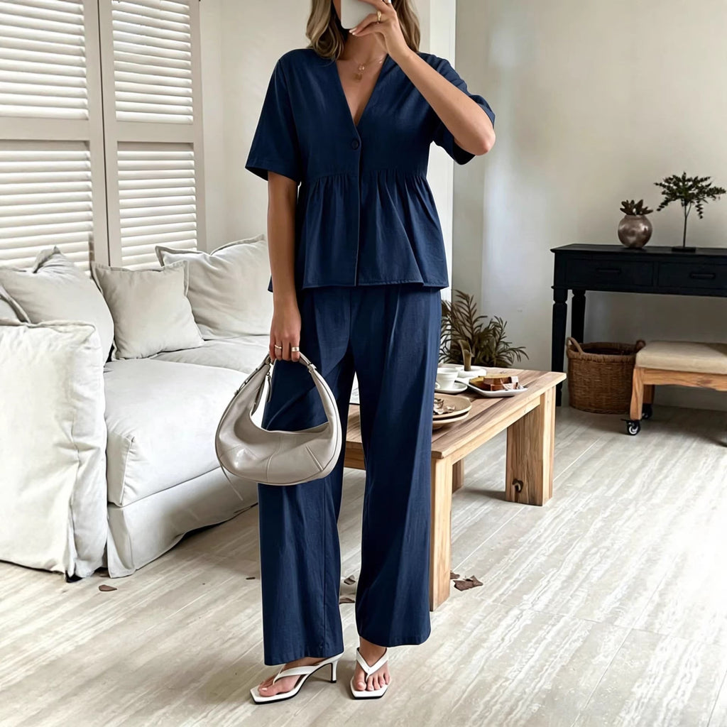 Women's V-Neck Loose Short-Sleeve Top & Wide-Leg Pants Set