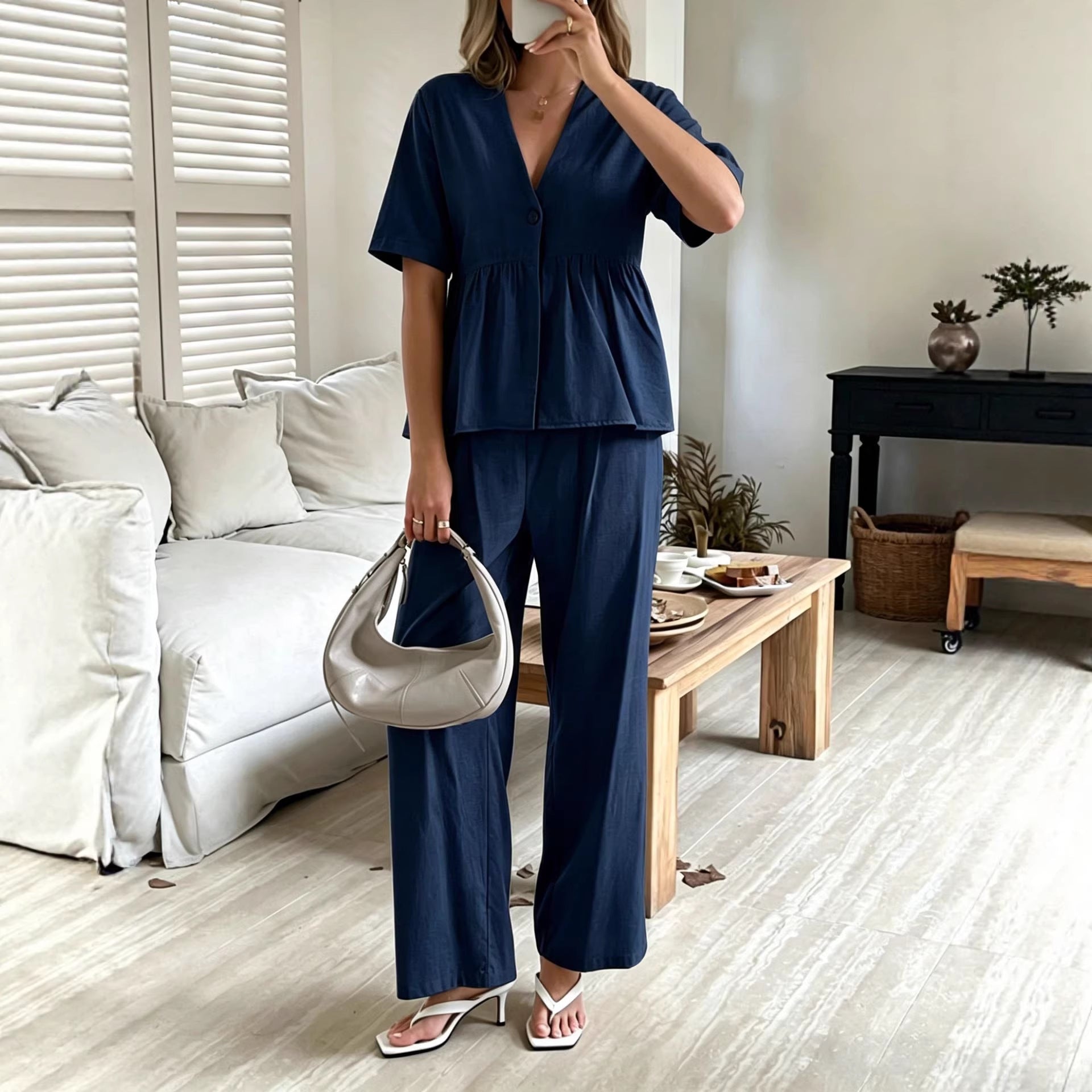 Women's V-Neck Loose Short-Sleeve Top & Wide-Leg Pants Set