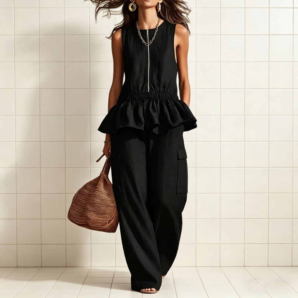 Women's Sleeveless Pleated Vest & Wide Leg Pants Set – Streetwear