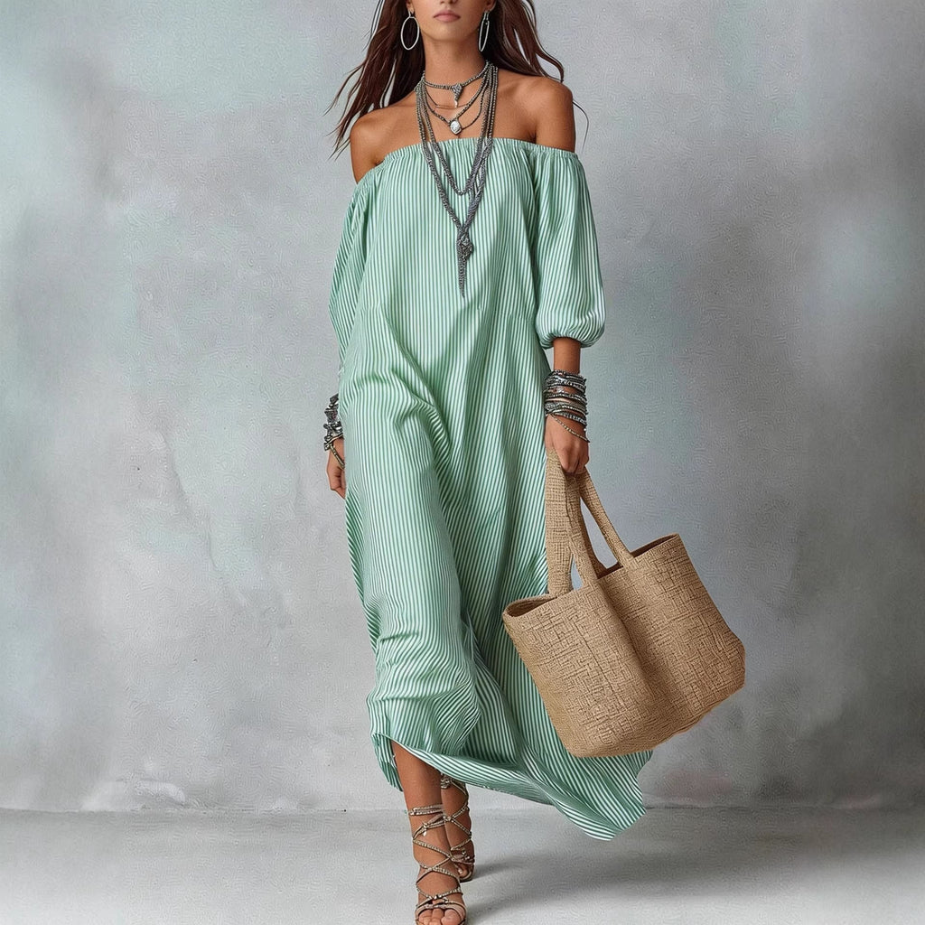 Women's Striped Loose-Fit Flared Maxi Dress – Holiday & Vacation