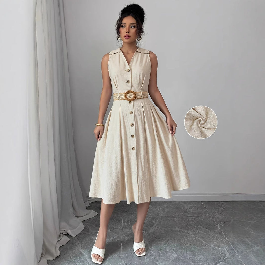 V-Neck Sleeveless A-Line Shirt Dress for Women – High Waist Cotton Linen Midi