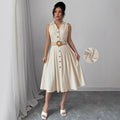 V-Neck Sleeveless A-Line Shirt Dress for Women – High Waist Cotton Linen Midi