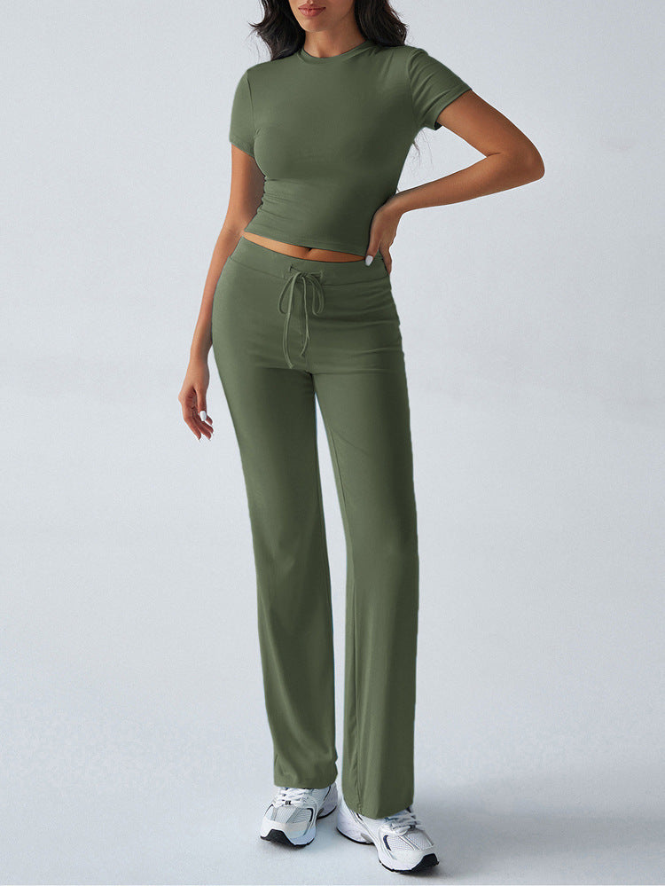 Crew Neck Short Sleeve Top & Full-Length Pants Set – Solid Color, 10 Colors