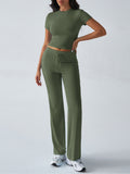 Crew Neck Short Sleeve Top & Full-Length Pants Set – Solid Color, 10 Colors