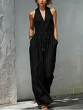 Women's Sleeveless Halter Neck Solid Color Long Jumpsuit