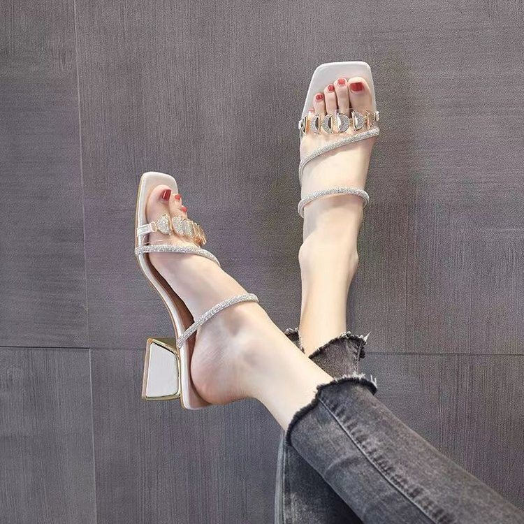 Women's Korean Style Rhinestone Single Strap Slide Sandals – Mid Chunky Heel