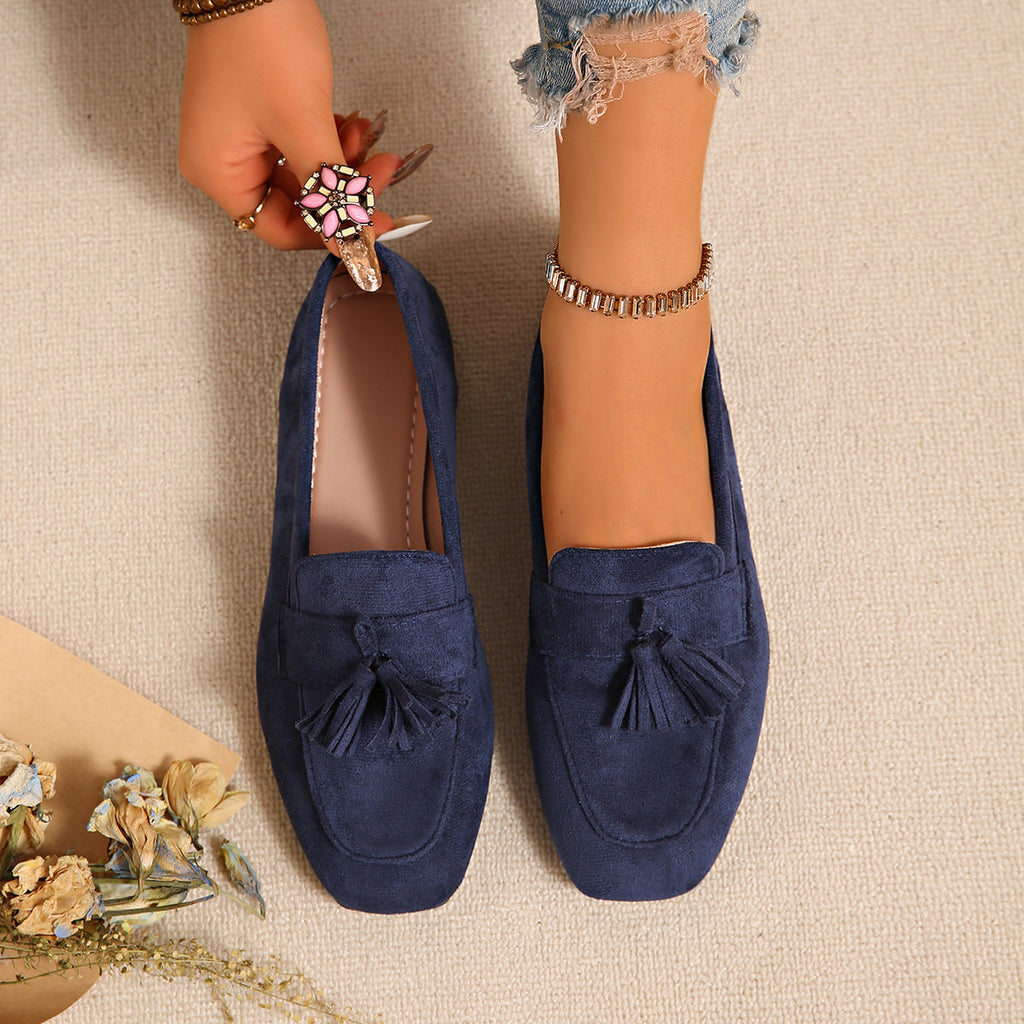 Women's Square Toe Tassel Slip-On Loafers | Suede Flat Casual Shoes