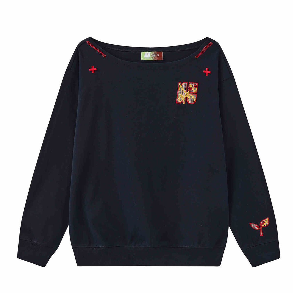 Women’s Slanted Shoulder Embroidered Long-Sleeve Top