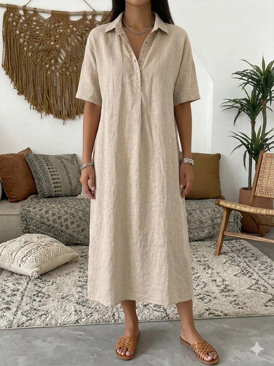 Women's Linen Blend Short Sleeve Polo Neck Maxi Dress