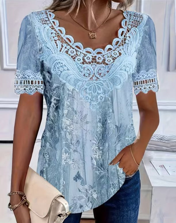 Women's Lace Patchwork Crew Neck Short Sleeve T-Shirt