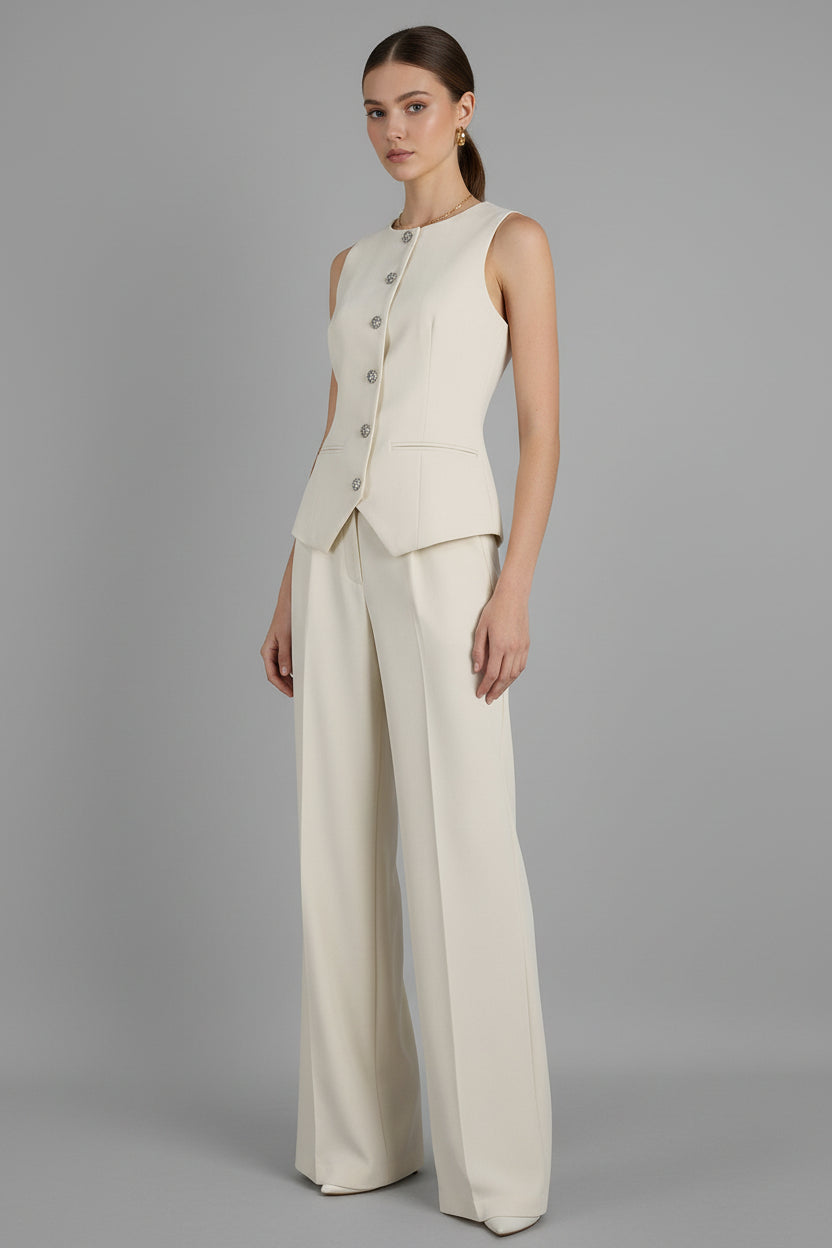 Women's Elegant Sleeveless Vest & Wide-Leg Pants Set – Office 2-Piece