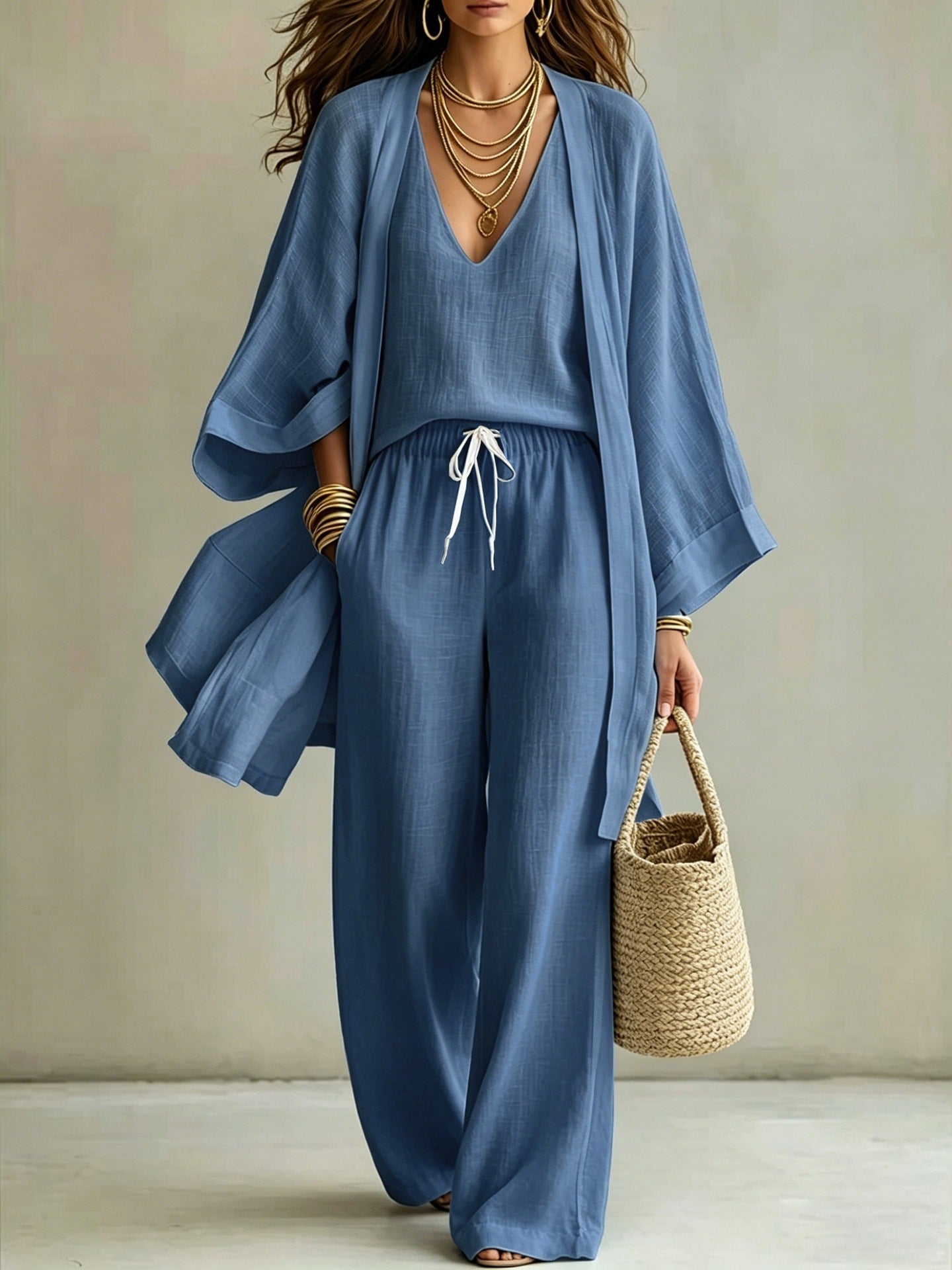 Women's 3-Piece Cardigan, Sleeveless Vest & Wide Leg Pants Set