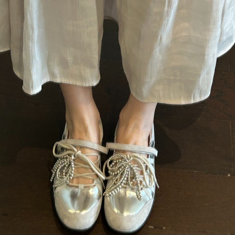 Women's Rhinestone Bow Lace-Up Mary Jane Flats – Cut-Out Cage