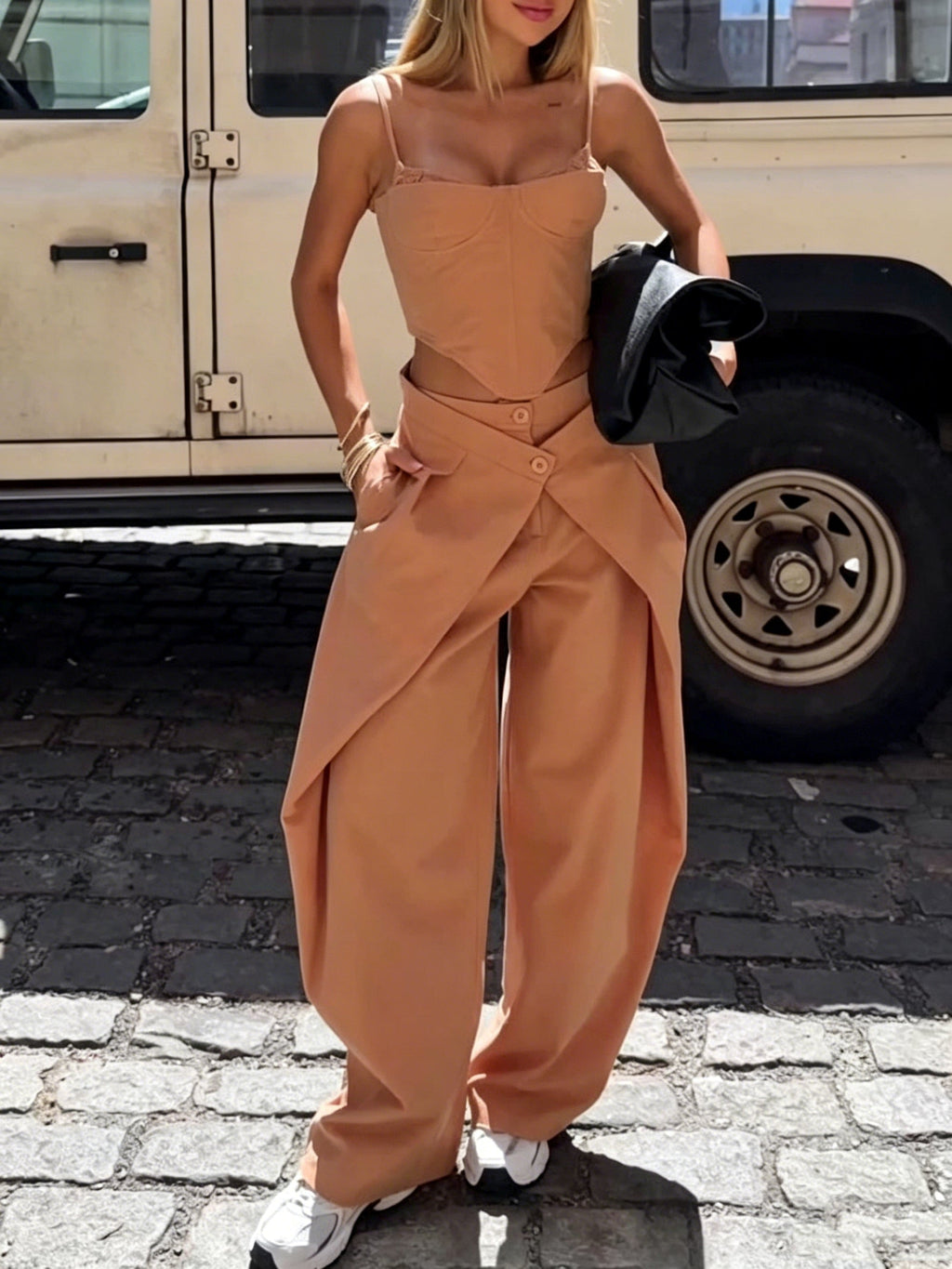 Spaghetti Strap Corset Top & Wide-Leg Pants Set – Camel, XS–2XL