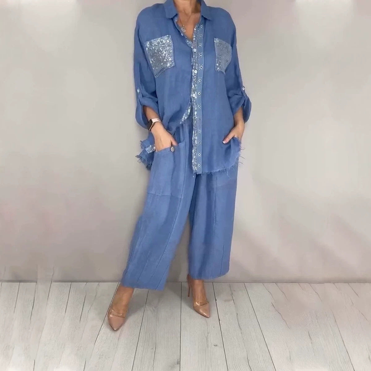 Women's Sequin Pocket Button-Up Shirt & Wide-Leg Pants Set