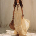 Beige White Halter Neck Maxi Dress – Boho Fairy Sleeveless Long Dress