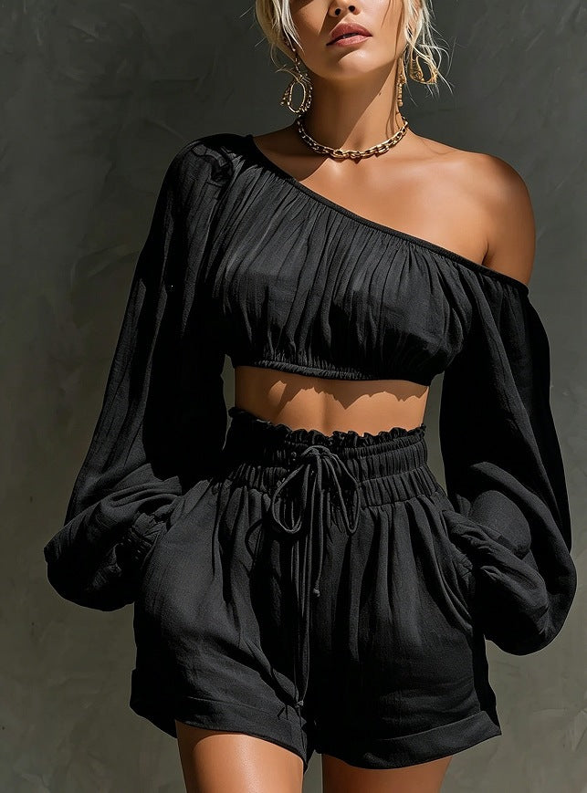 Women's One-Shoulder Ruched Crop Top & High-Waist Shorts Set