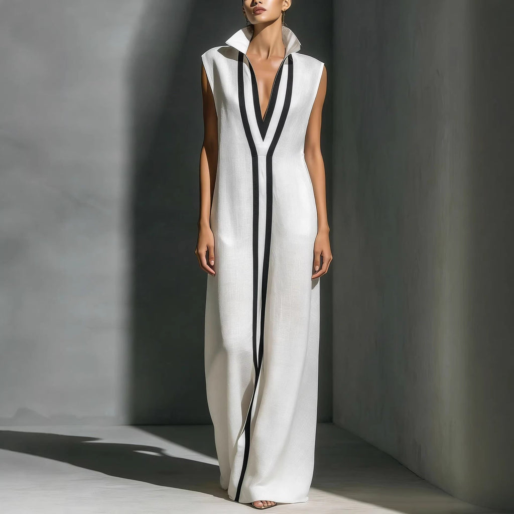 Women's V-Neck Color-Block Sleeveless A-Line Maxi Dress – 4 Colors XS–2XL