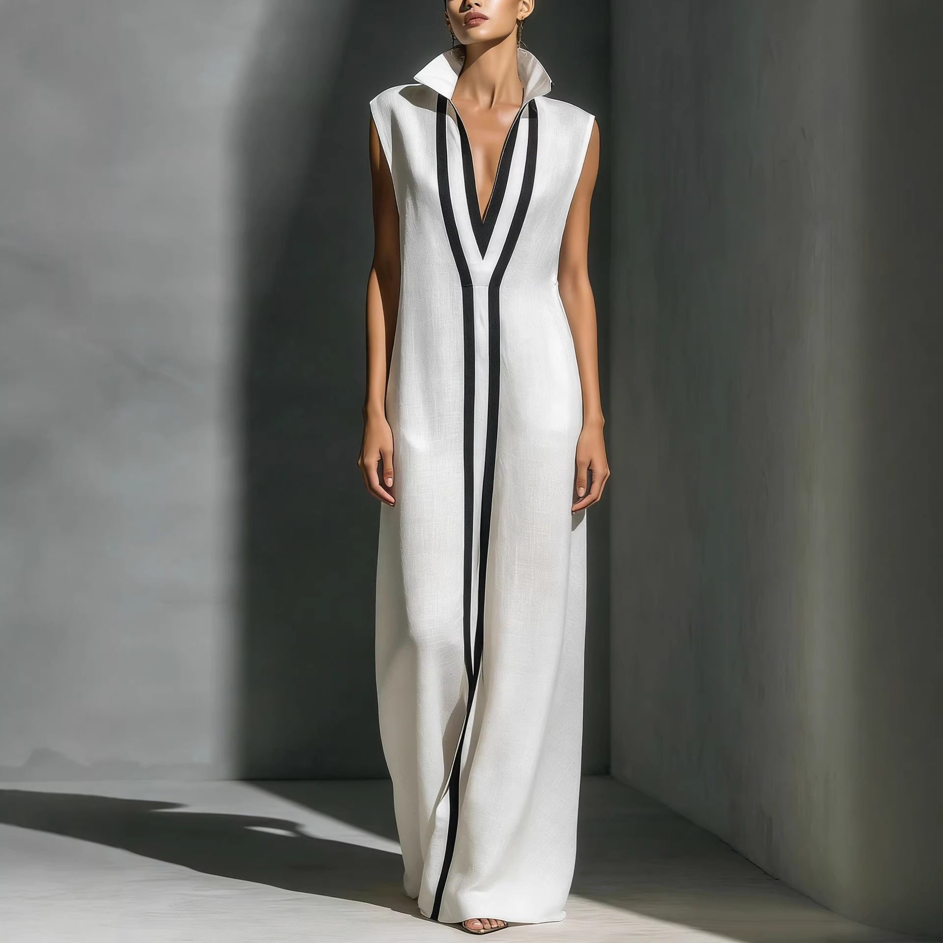 Women's V-Neck Color-Block Sleeveless A-Line Maxi Dress – 4 Colors XS–2XL