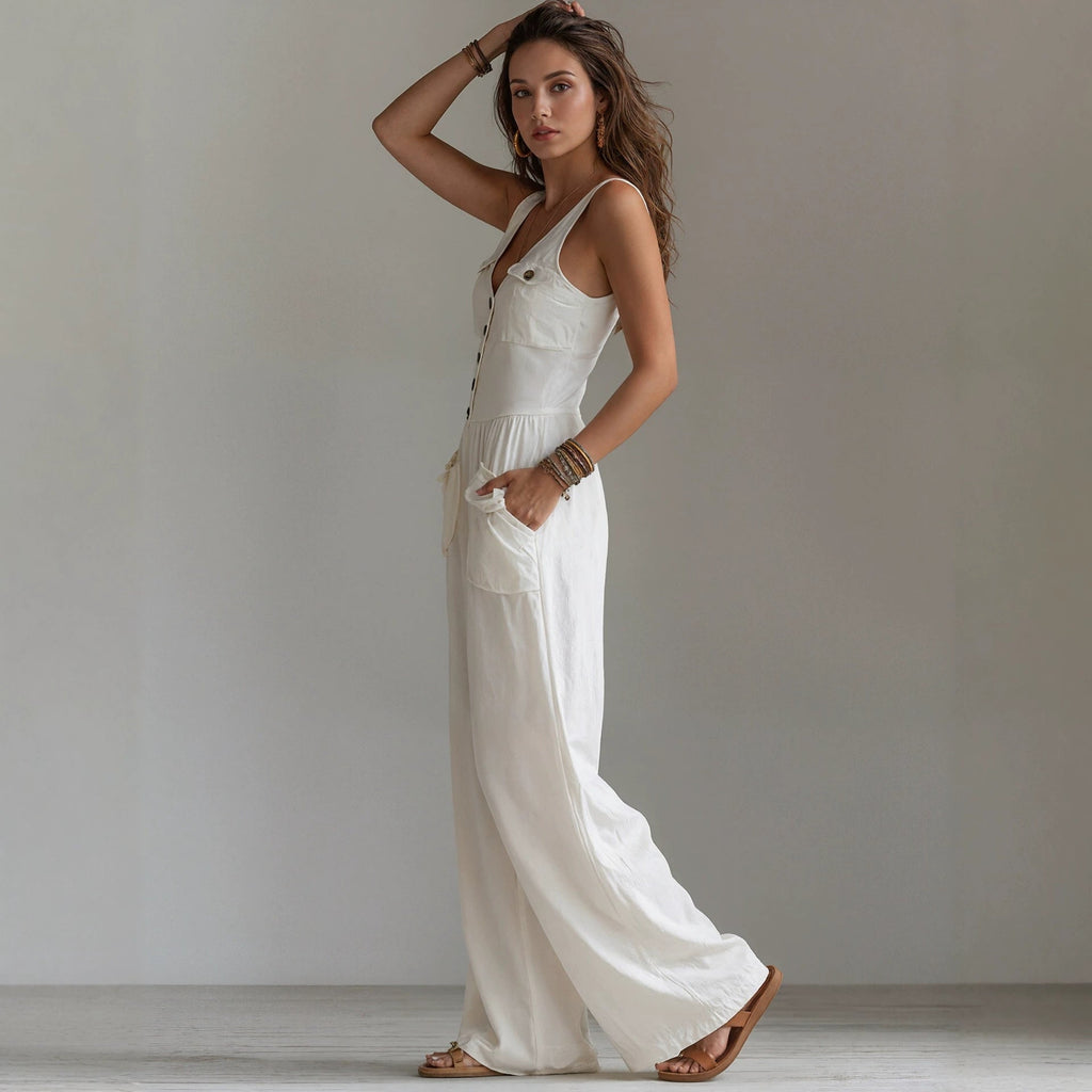 Women's Sleeveless V-Neck High Waist Jumpsuit with Pockets – Wide Leg Summer Outfit