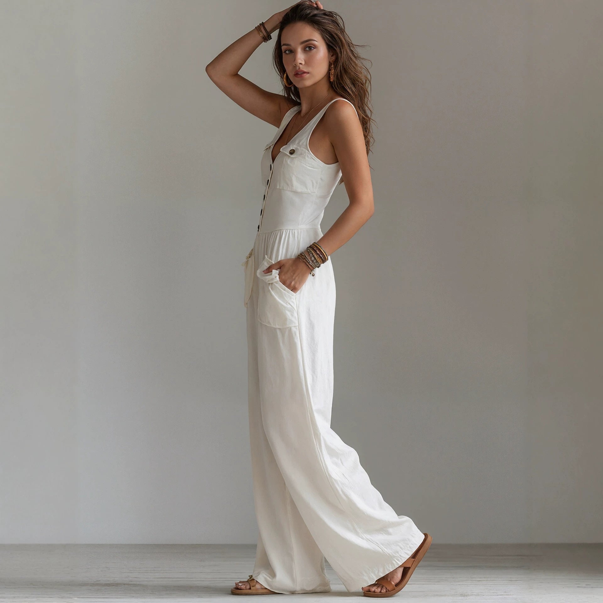 Women's Sleeveless V-Neck High Waist Jumpsuit with Pockets – Wide Leg Summer Outfit