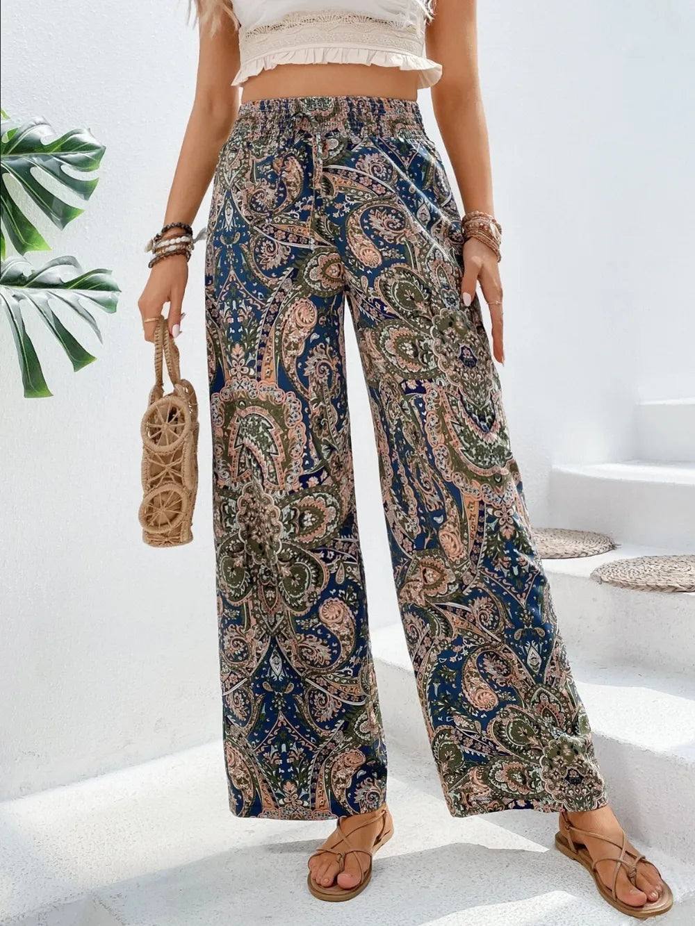 Women's Paisley Print Wide-Leg Pants – Boho Smocked Elastic Waist Tie-Up Flowy Trousers