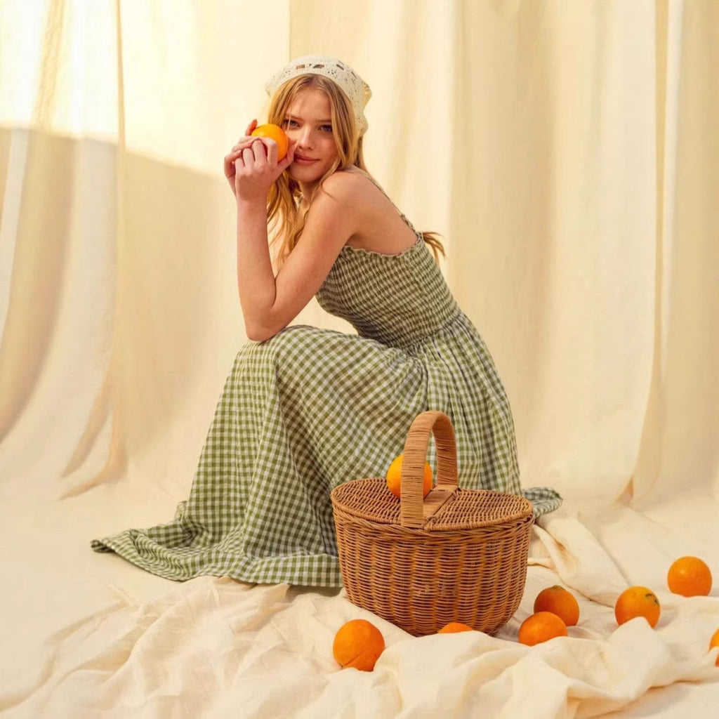 Women's Retro Plaid Sleeveless A-Line Maxi Dress – Fitted Waist Pleated Sundress