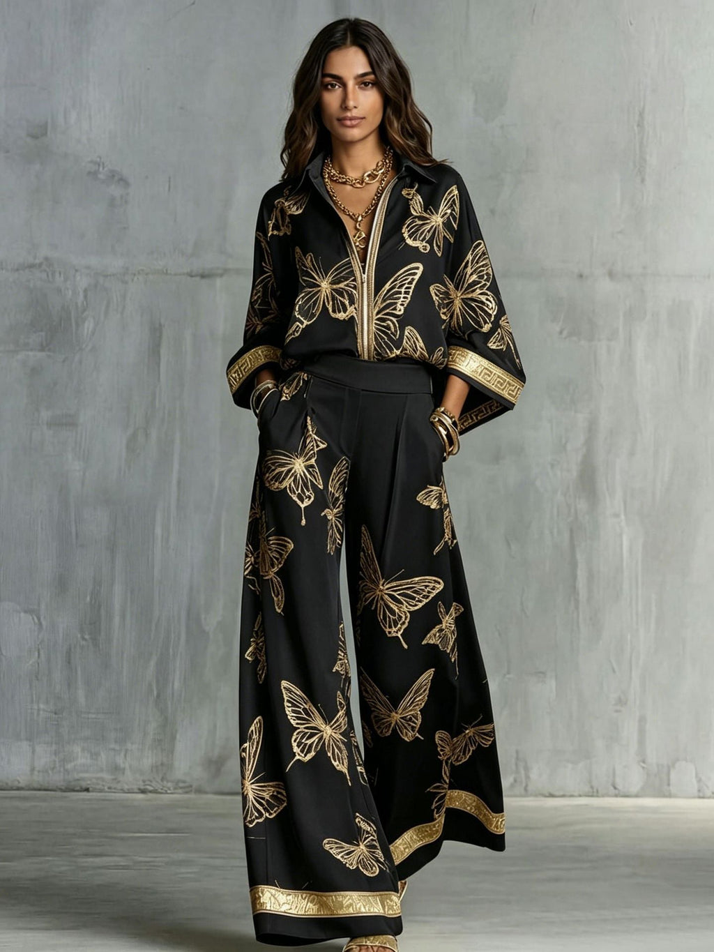 Women's Deep V-Neck Zipper Top & Wide Leg Pants Two-Piece Set