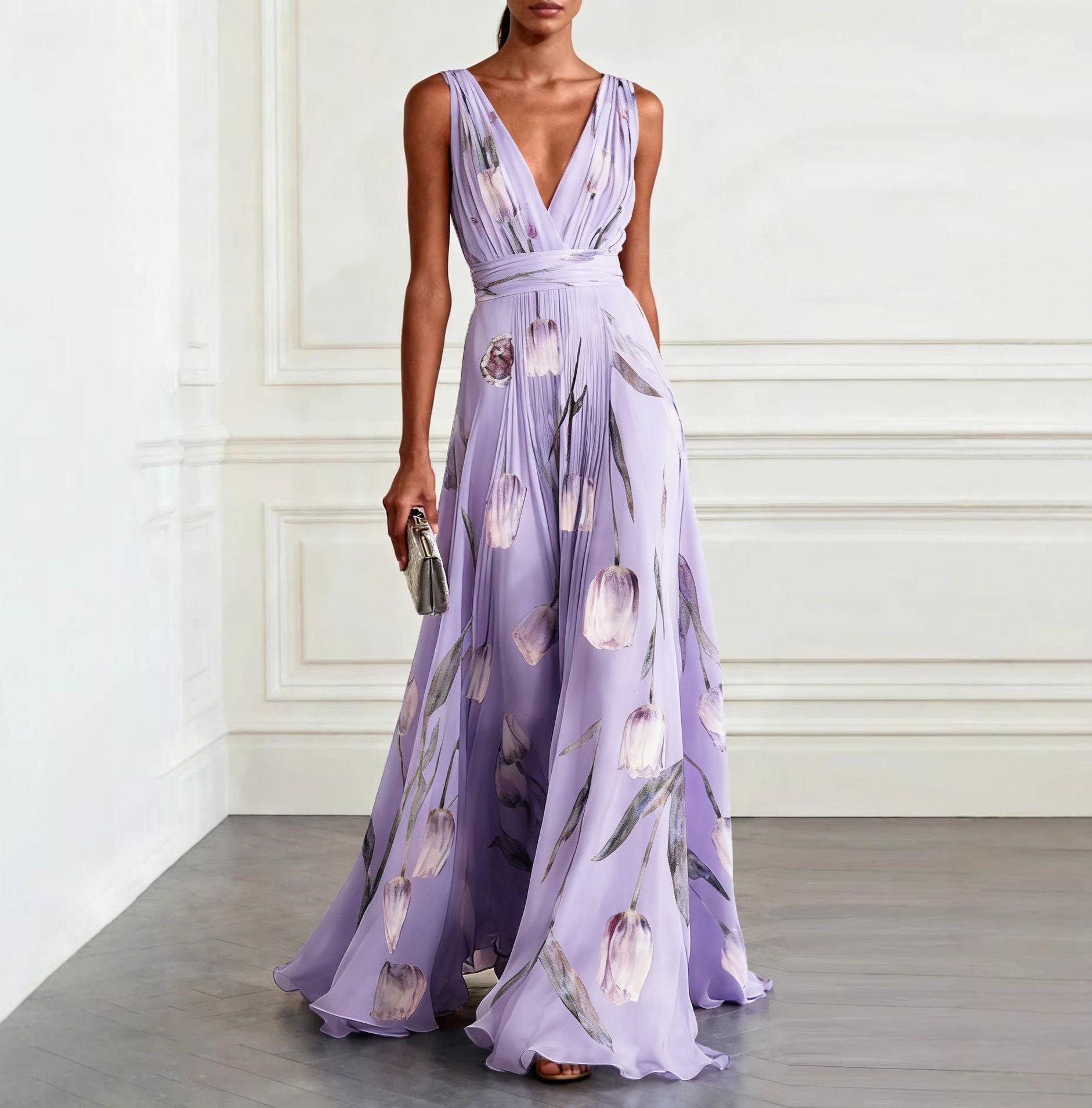 Women's Tulip Print Sleeveless Deep V-Neck A-Line Maxi Dress – 7 Colors
