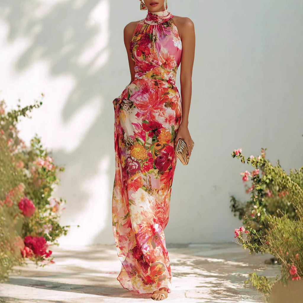 Floral Strapless Chiffon Maxi Dress – Elegant High-Waist A-Line Long Dress for Women
