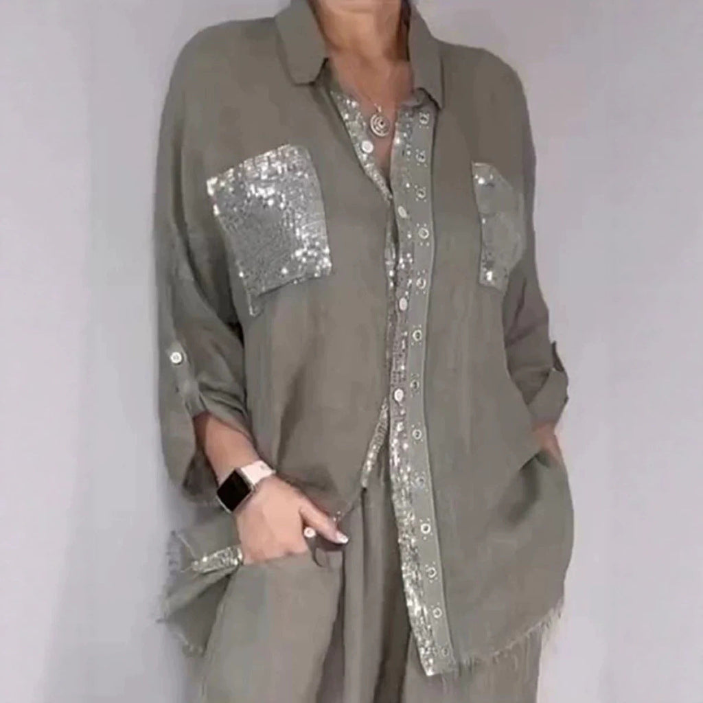 Women's Sequin Pocket Button-Up Shirt & Wide-Leg Pants Set