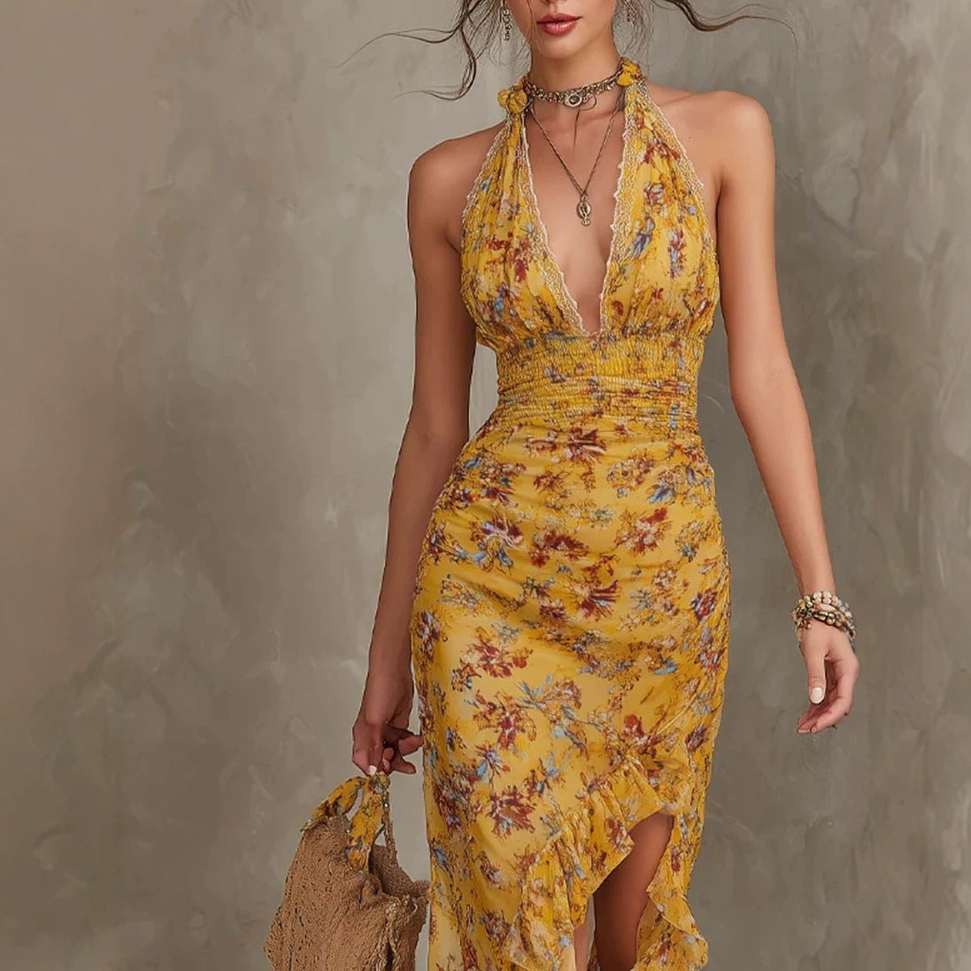 Women's Halter Neck Deep V Floral Maxi Dress | Ruffle Split Waist-Cinching Boho Dress